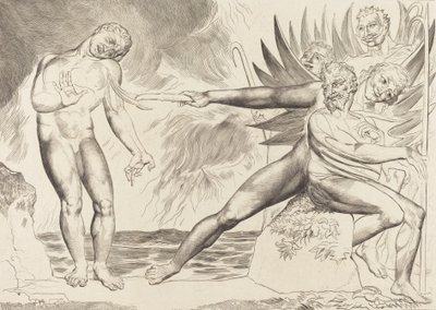 Cirkeln av de korrupta tjänstemännen, djävlarna som plågar Ciampolo, 1827. av William Blake