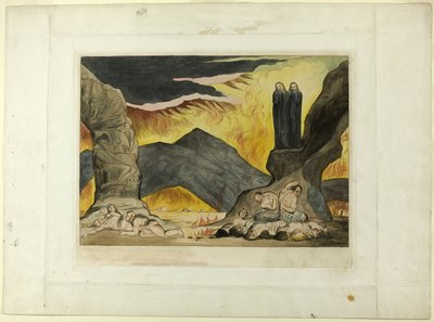 Förfalskarnas cirkel: Dante och Vergilius som täcker näsan på grund av stanken. Inferno, canto XXIX av William Blake
