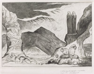 The Circle of the Falsifiers: Dante och Vergilius som täcker sina näsor på grund av stanken, 1827. av William Blake