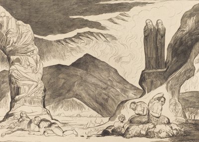 The Circle of the Falsifiers: Dante och Vergilius som täcker sina näsor på grund av stanken, 1827. av William Blake