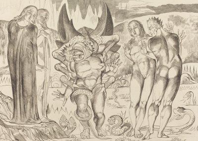 Tjuvarnas cirkel, Agnolo Brunelleschi attackerad av en sexfotad orm, 1827. av William Blake
