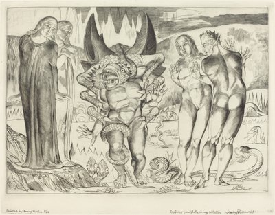 泥棒の輪、6 足の蛇に襲われたアニョロ ブルネレスキ、1827 年。スウェーデン語 av William Blake