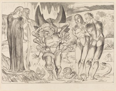 Tjuvarnas cirkel, Agnolo Brunelleschi attackerad av en sexfotad orm, 1827. av William Blake
