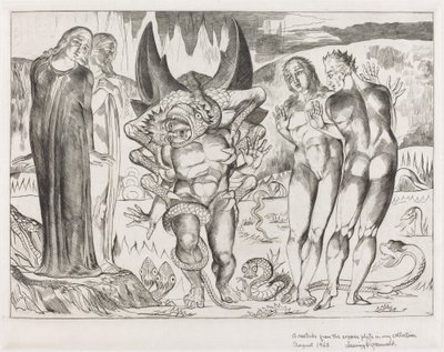 Tjuvarnas cirkel, Agnolo Brunelleschi attackerad av en sexfotad orm, 1827. av William Blake