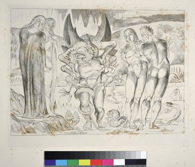 Tjuvarnas cirkel: Agnolo Brunelleschi attackerad av en sexfotad ormsinferno, Canto XXV, illustration till "Den gudomliga komedin" av Dante Alighieri av William Blake