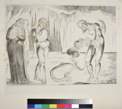 Tjuvarnas cirkel: Buoso Donati attackeras av ormen, Inferno, Canto XXV, illustration till Dante Alighieris "Gudomliga komedi", ca 1827-38 (gravyr). av William Blake