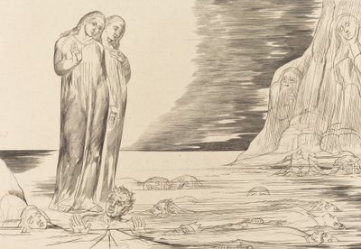 Förrädarnas cirkel, Dantes fot slår Bocca degli Abbate, 1827. av William Blake
