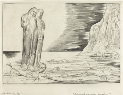 Förrädarnas cirkel, Dantes fot slår Bocca degli Abbate, 1827. av William Blake
