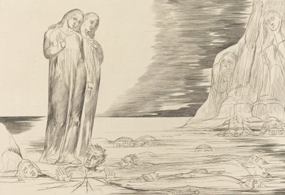 Förrädarnas cirkel, Dantes fot slår Bocca degli Abbate, 1827. av William Blake
