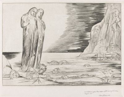 Förrädarnas cirkel, Dantes fot slår Bocca degli Abbate, 1827. av William Blake