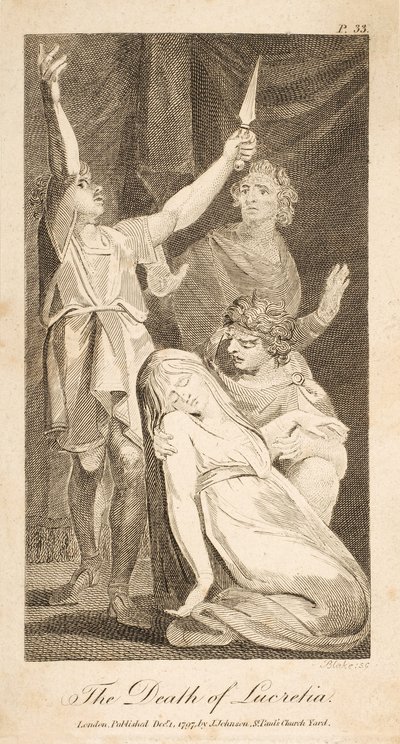 The Death of Lucretia, från Allens nya och opartiska romerska historia, pub. 1797 (gravyr) av William Blake