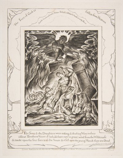 The Destruction of Jobs Sons, från illustrationer av Jobs bok, 1825-26. av William Blake