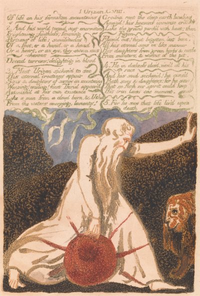 Urizens första bok, plåt 20, "Om livets övergivna berg ...." (Bentley 23) av William Blake