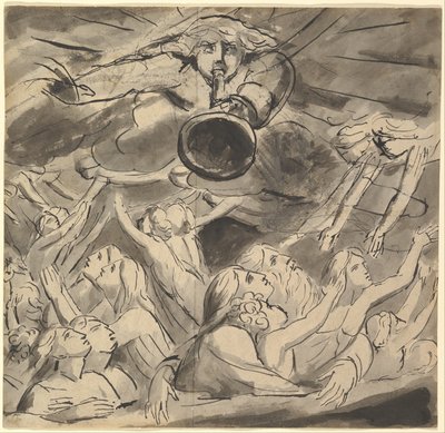Den sista trumpeten (recto); två studier av ett högeröga, profilen av en ung man med öppen mun, huvudet av en örn och huvudet av ett lejon (verso) av William Blake