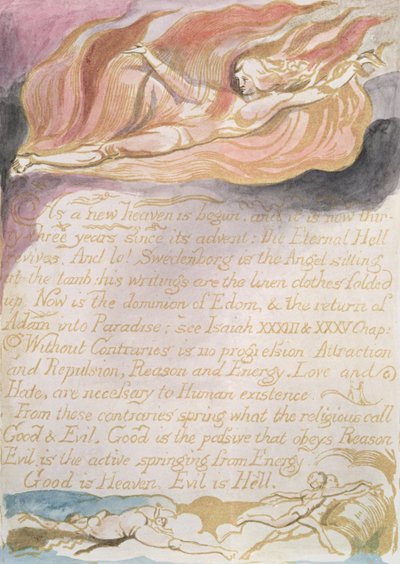 Ægteskabet mellem himmel og helvede; Som en ny himmel er begyndt, ca. 1790 (relief ætsning tonet med wc) swed av William Blake
