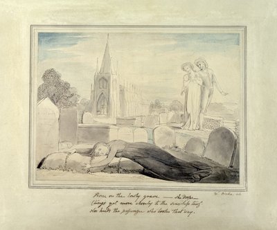 Änkan som omfamnar sin mans grav (penna och pensel och svart bläck och wc på papper) av William Blake