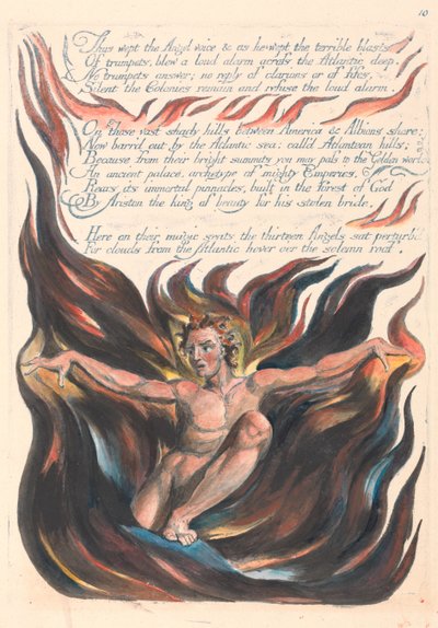 ”Så grät Ängelns röst, och medan han grät, de fruktansvärda vindstötarna...” (Plansch 12) av William Blake