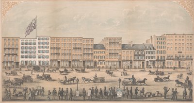 Utsikt över Park Place, New York, från Broadway till Church Street, North Side, A.D. 1854, av William Boell