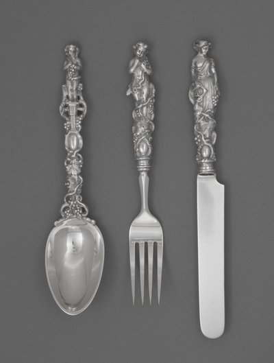 Sæt med børnebestik (kniv, gaffel og ske), ca. 1865-1874 (sølv)sverige av William Bogert