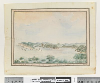 Opp. sid. 123. `Utsikt i Port Jackson från South Head som leder upp till Sydney; Försörjning som seglar in.