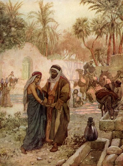 Eliezer och Rebekka Rebecka vid brunnen - Bibeln av William Brassey Hole