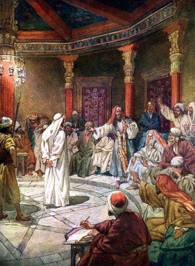 Jesus förhörs av översteprästen Kaifas - Bibeln av William Brassey Hole
