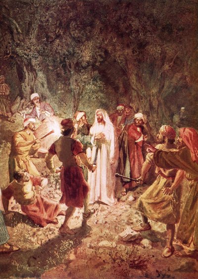 Judas förråder Jesus med en kyss, i Getsemane trädgård av William Brassey Hole