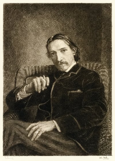 Robert Louis Stevenson (1850-1894) brittisk författare mest känd för sina bästsäljande böcker Treasure Island, Kidnapped and the Strange Case of Dr Jekyll and Mr Hyde. Illustration av William Brassey Hole (1 av William Brassey Hole