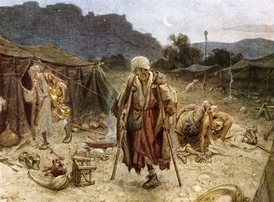 De fyra spetälska plundrade syriernas läger. - Bibeln av William Brassey Hole