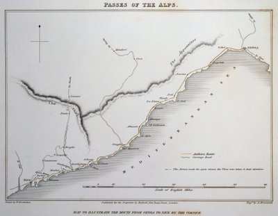 Karta över pass på sjöalperna, kustvägen mellan Genua och Nice, från Illustrationer av de pass i Alperna genom vilka Italien kommunicerar med Frankrike, Schweiz och Tyskland, av William Brockedon (1787-1854), gravyr på koppar, London av William Brockedon