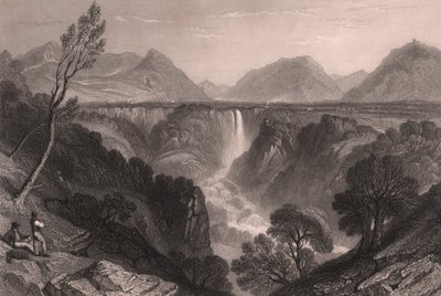 Vy över Marmores fall (Cascata delle Marmore) nära Terni, Umbrien, Italien, stålstick av James Tibbitts Willmore (1800-1863) efter teckning av William Brockedon (1787-1854), cirka 23x18,5 cm av William Brockedon