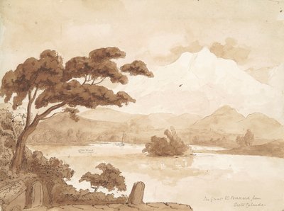 recto: Landskapsscen med sjö och berg av William Brockedon