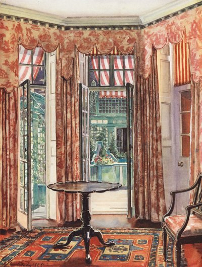 Inredning och dekoration: Ett rum i London i röda toner (färglitografi) av William Bruce Ellis Ranken