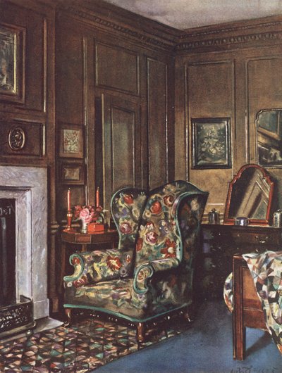 Inredning och dekoration: Ett sovrum med bruna väggar som livas upp av ljusa färger (färglitografi) av William Bruce Ellis Ranken