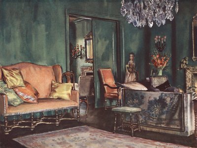 Inredning och dekoration: Vardagsrum med gröna väggar (färglitografi) av William Bruce Ellis Ranken