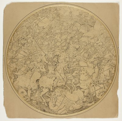 Ceremoniell sköld med berättelser om Marcus Curtius och Mutius Scaevola av William Burgess