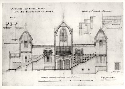 Detaljer om entréer, trappor, dörröppning till ugnskammaren och ledstänger, (New Big School), Rugby School, 1844 (svart bläck, penna och wc) av William Butterfield