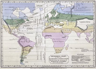 Isotermiskt diagram, eller syn på klimat och produktion, illustration från konton av Alexander von Humboldt, 1823 av William C. Woodbridge