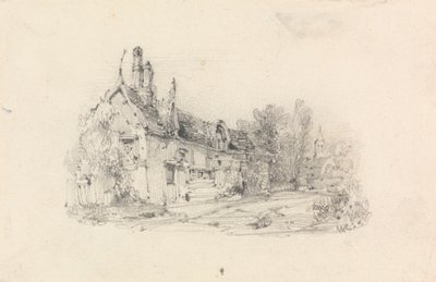 Bondgård med kyrka på avstånd av William Callow