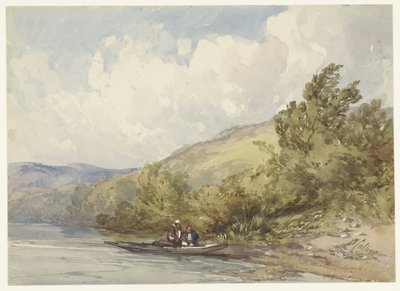 Kuperat landskap med en sjö och en båt med två figurer av William Callow
