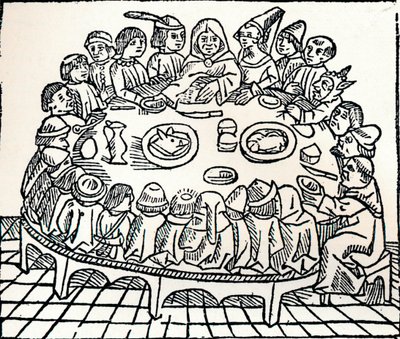 Canterbury-pilgrimerna sitter ner för en gemensam måltid, 1485 av William Caxton