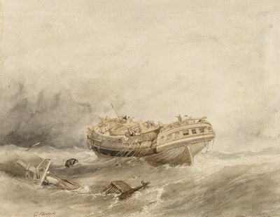 Ett handelsfartyg spårar ur i lugnet som följer på stormen. Akvarell (34,4x44,5 cm) av Clarkson Stanfield (1793-1867) av William Clarkson Stanfield