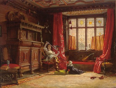 En kavaljer i ett mörklagt inre, en fågel på sitt svärd, 1843 av William Collingwood