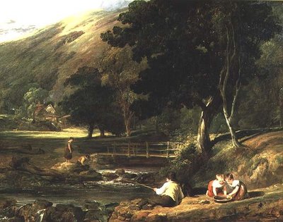 Borrowdale, Cumberland, med barn som leker vid en ström av William Collins