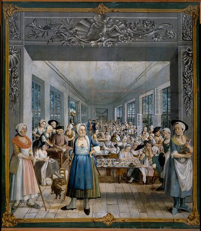 Wetter Brothers Indian Fabric Factory: Arbetarverkstadsmålning av Joseph Gabriel Rossetti (1700-talet). 1764 Orange, Musee Municipal - Tillverkning av indiskt tyg från Wetters bröder: den kvinnliga arbetarens verkstad. Målning av Joseph Gabriel Ross av William Crawford