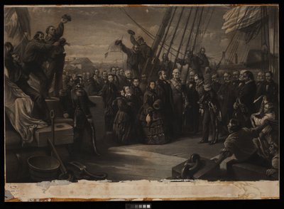 England och Amerika. Hennes Majestät Drottning Victorias besök på polarskeppet Resolute 16 december 1856, ca 1859 (gravyr, stipple, kartong) av William 