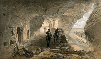 Utgrävd kyrka i grottorna vid Inkermann, vy västerut av William Crimea Simpson
