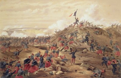 The Attack on the Malakoff, tallrik från "The Seat of War in the East", pub. av Paul und Dominic Colnaghi und Co., 1856 av William Crimea Simpson