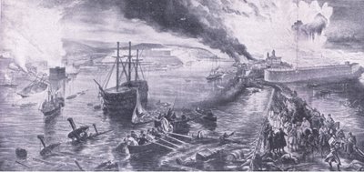 Sevastopols fall och ryssarnas reträtt, 8 september 1855, illustration från brittiska striderna på land och hav, 1915 av William Crimea Simpson