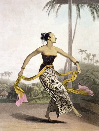 En Ronggeng eller dansande flicka, tavla 21 från Vol. I av "The History of Java" av Thomas Stamford Raffles (1781-1826), pub. 1817 (akvatint) av William Daniell
